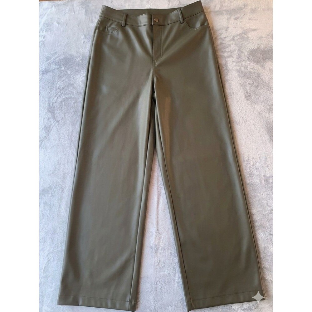 WAYF Faux Leather Pants Wide Leg  Size M Olive Green High Rise Trousers Pleather